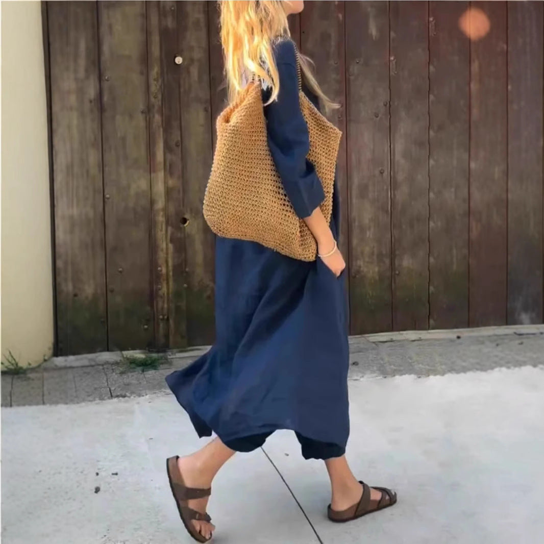Ensemble 2 pièces à manches longues, haut ample à col en V et pantalon large taille haute avec poches, vêtements pour femmes