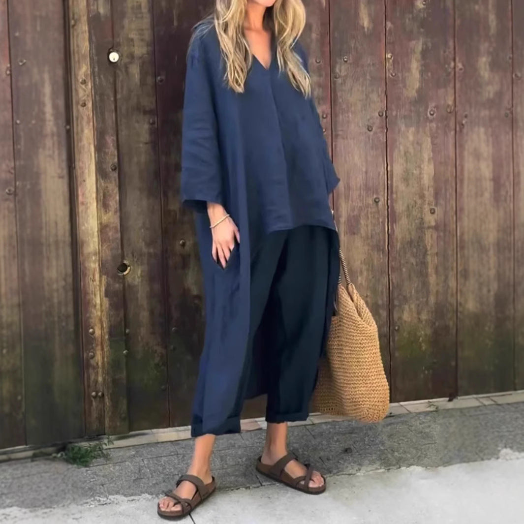 Ensemble 2 pièces à manches longues, haut ample à col en V et pantalon large taille haute avec poches, vêtements pour femmes