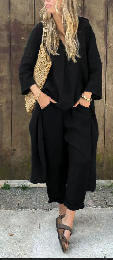 Ensemble 2 pièces à manches longues, haut ample à col en V et pantalon large taille haute avec poches, vêtements pour femmes