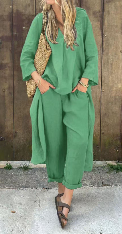 Ensemble 2 pièces à manches longues, haut ample à col en V et pantalon large taille haute avec poches, vêtements pour femmes