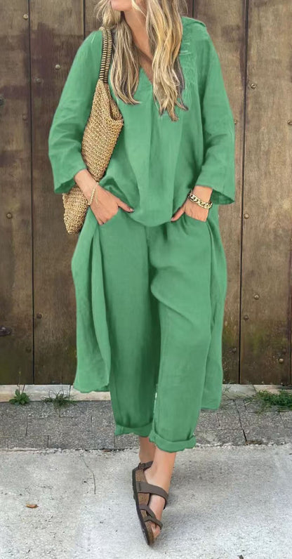 Ensemble 2 pièces à manches longues, haut ample à col en V et pantalon large taille haute avec poches, vêtements pour femmes