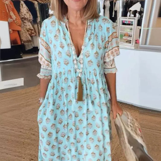 Robe trapèze taille haute à imprimé floral et col en V