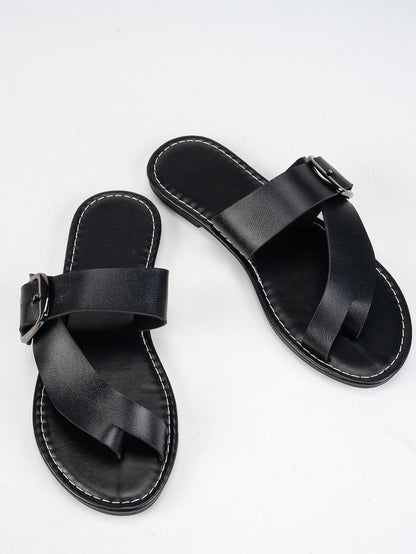Summer Buckle Toe Clip Sandals Fashion Flat Beach Shoes Casual Comfortable Slides Slippers