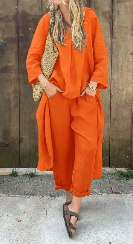Ensemble 2 pièces à manches longues, haut ample à col en V et pantalon large taille haute avec poches, vêtements pour femmes