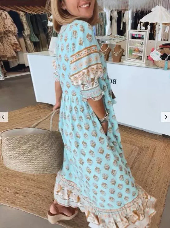 Robe trapèze taille haute à imprimé floral et col en V