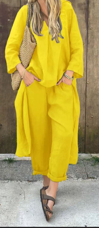 Ensemble 2 pièces à manches longues, haut ample à col en V et pantalon large taille haute avec poches, vêtements pour femmes