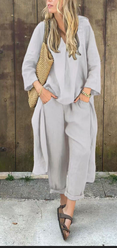 Ensemble 2 pièces à manches longues, haut ample à col en V et pantalon large taille haute avec poches, vêtements pour femmes