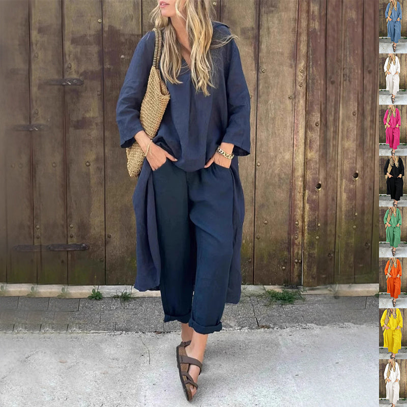 Ensemble 2 pièces à manches longues, haut ample à col en V et pantalon large taille haute avec poches, vêtements pour femmes