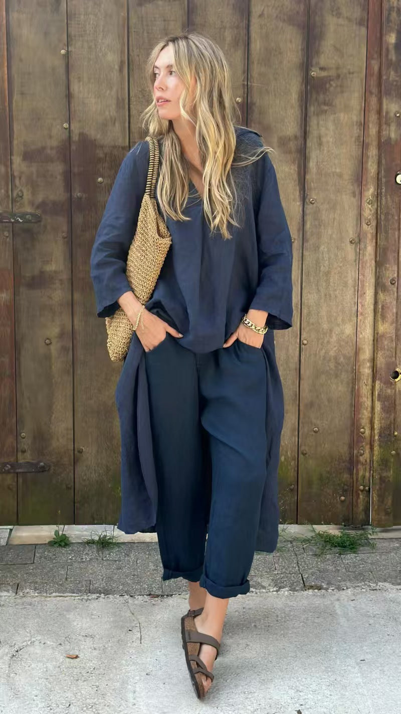 Ensemble 2 pièces à manches longues, haut ample à col en V et pantalon large taille haute avec poches, vêtements pour femmes