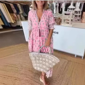 Robe trapèze taille haute à imprimé floral et col en V