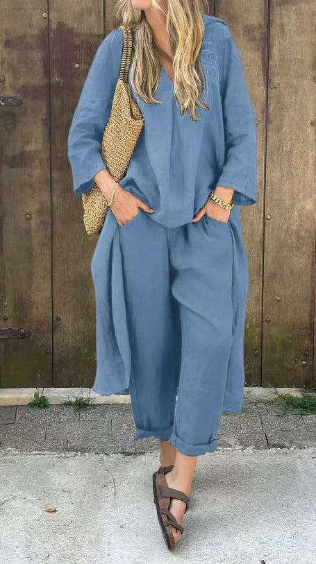 Ensemble 2 pièces à manches longues, haut ample à col en V et pantalon large taille haute avec poches, vêtements pour femmes