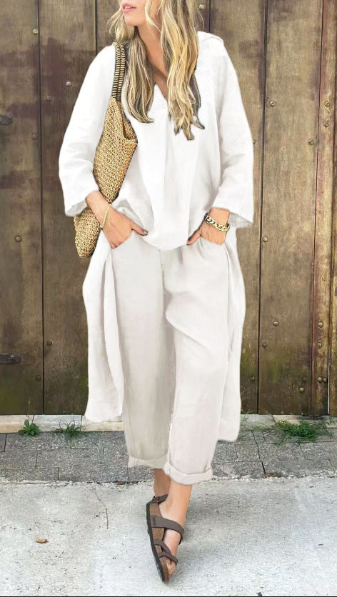 Ensemble 2 pièces à manches longues, haut ample à col en V et pantalon large taille haute avec poches, vêtements pour femmes