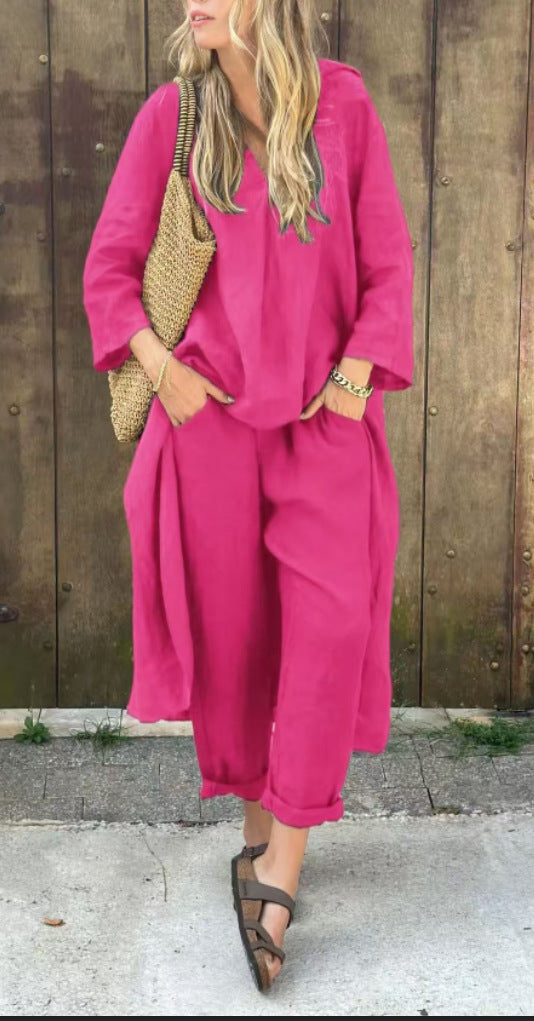 Ensemble 2 pièces à manches longues, haut ample à col en V et pantalon large taille haute avec poches, vêtements pour femmes