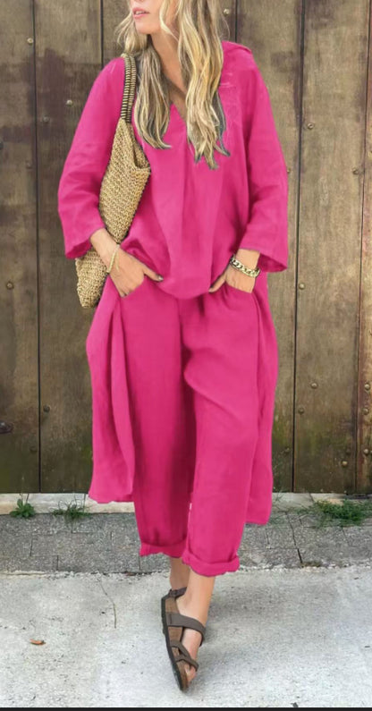 Ensemble 2 pièces à manches longues, haut ample à col en V et pantalon large taille haute avec poches, vêtements pour femmes